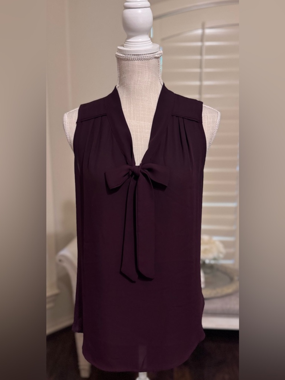 New York and Company Deep Plum Sleeveless Tie-Neck Blouse